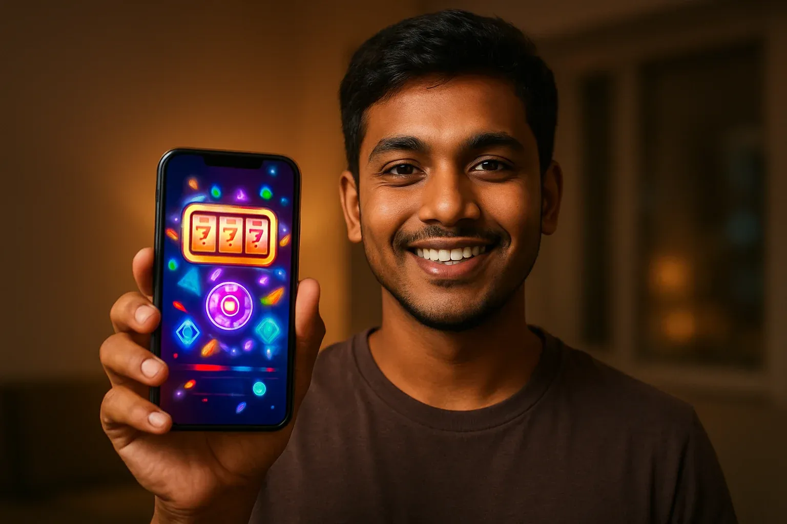 Young Bangladeshi man holding smartphone showing glowing casino app interface