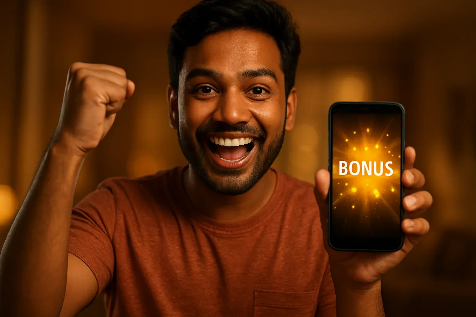 Joyful young Bangladeshi man celebrating with smartphone showing glowing bonus notification