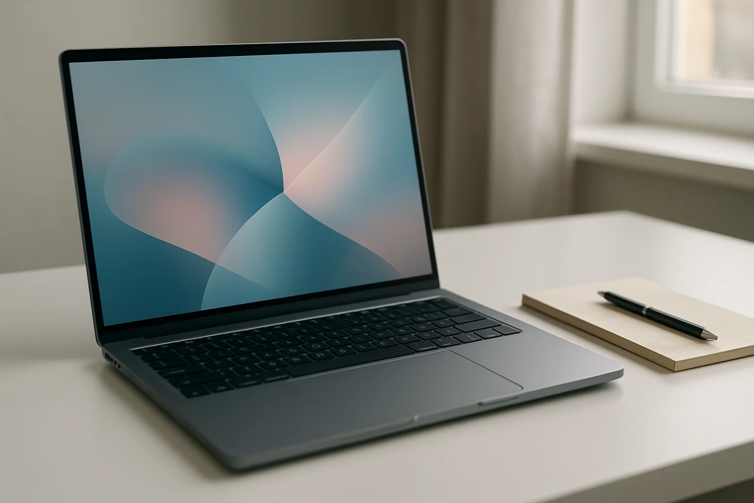 Modern laptop on white desk with abstract glowing screen, pen and notepad