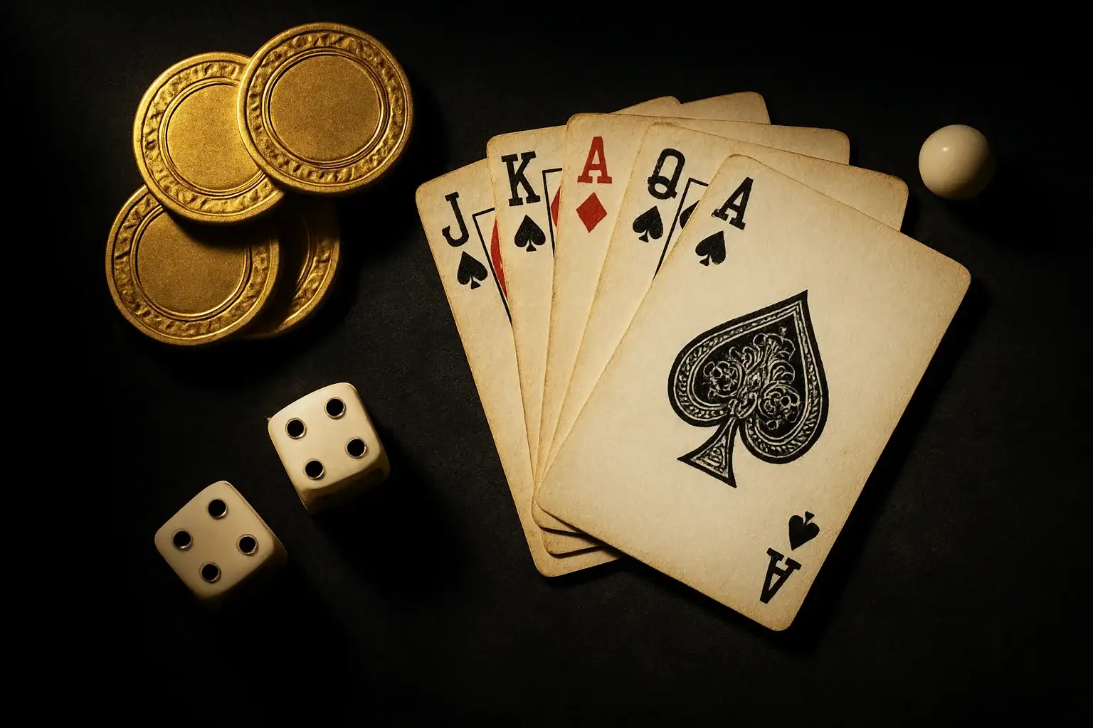 Top-down casino flat-lay on dark velvet with gold chips, cards, dice, roulette ball