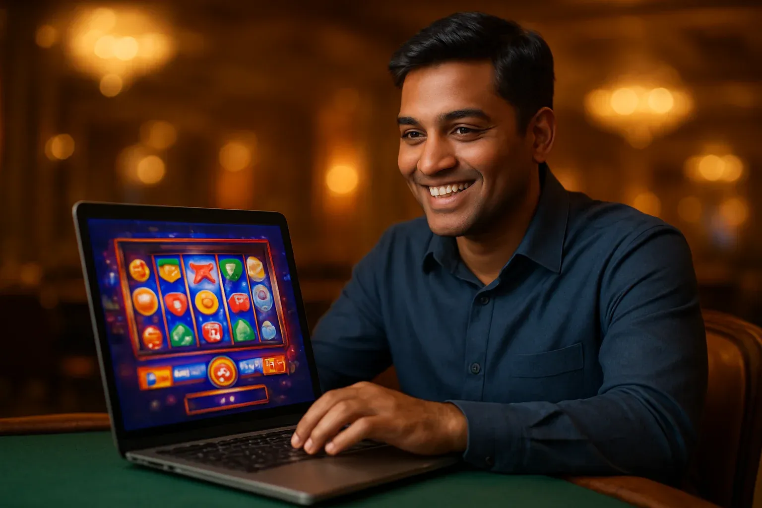 Cheerful Bangladeshi man in navy shirt smiling at laptop in casino lounge