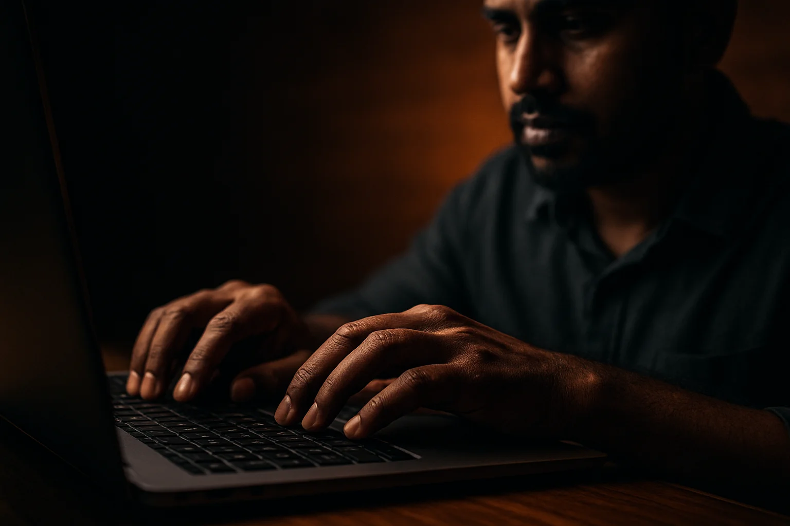 Close-up of Bangladeshi hands typing on laptop keyboard in low light