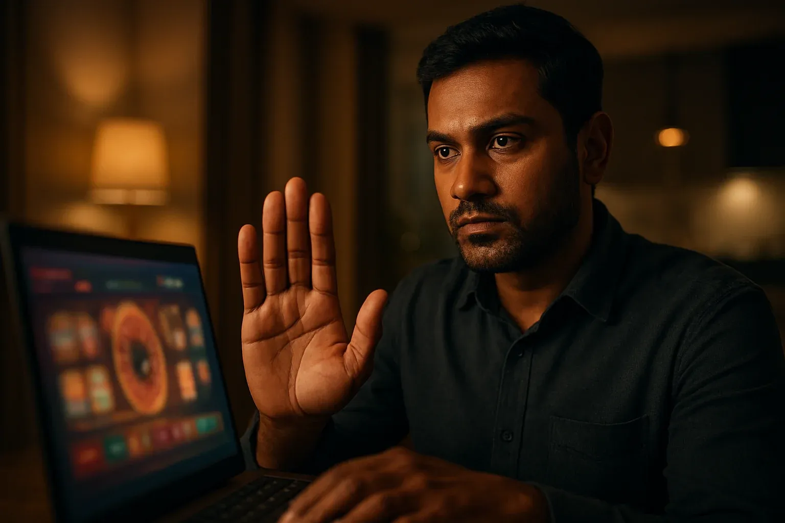 Confident Bangladeshi man shows stop gesture by laptop with blurred casino interface