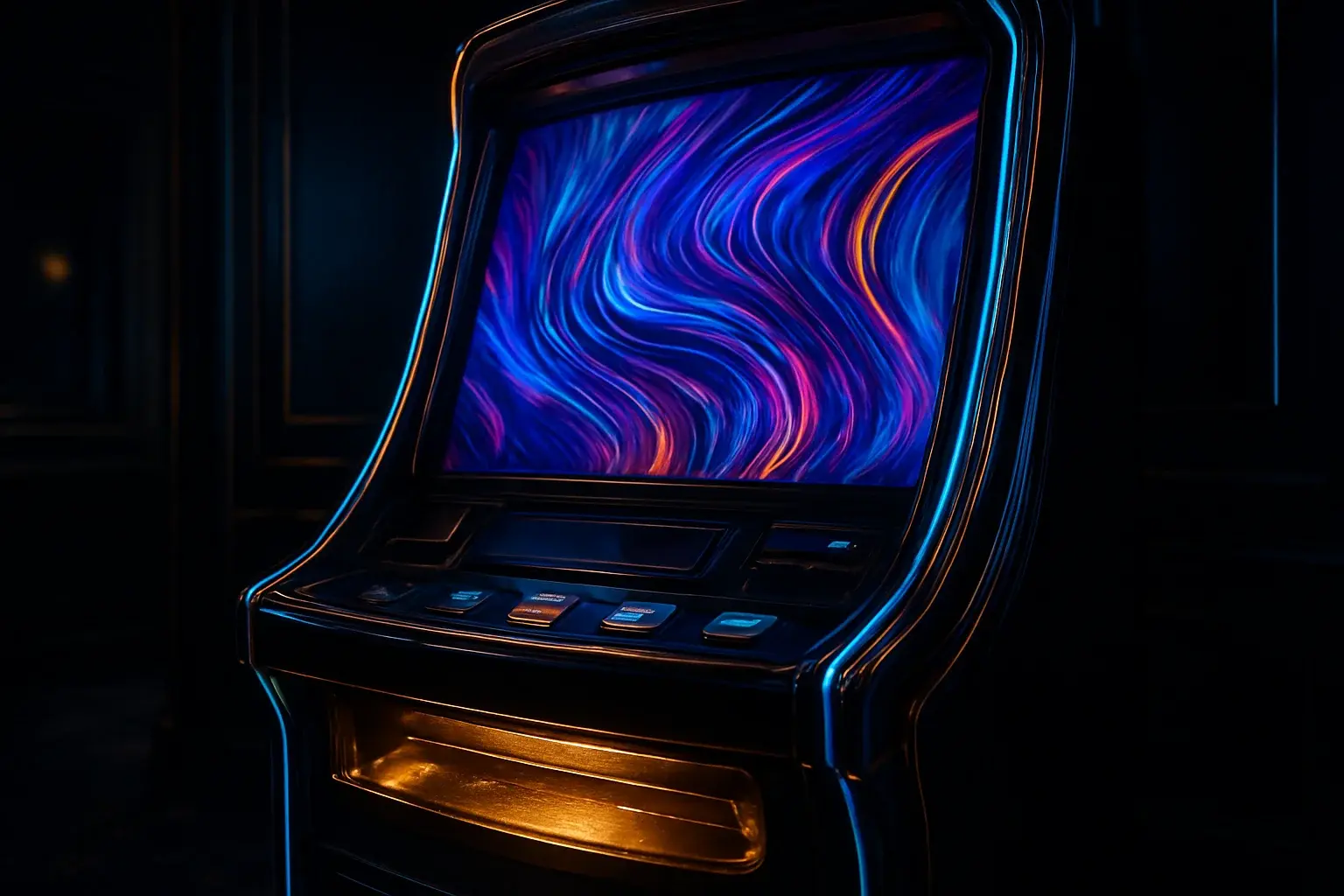 Hyperrealistic premium slot machine in dark luxury setting with neon lighting